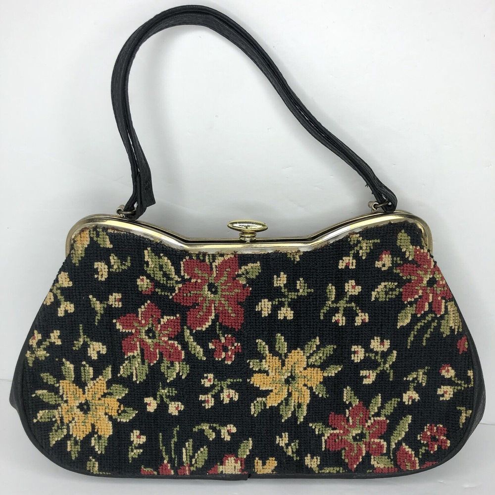 Vintage Black Multicolor Floral Tapestry Vinyl Lined Needlepoint 1950's Handbag